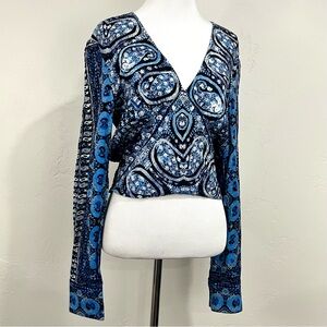 Free People Wild and Free Blue Paisley Ruched Crop Top Sm Boho Festival Vacation